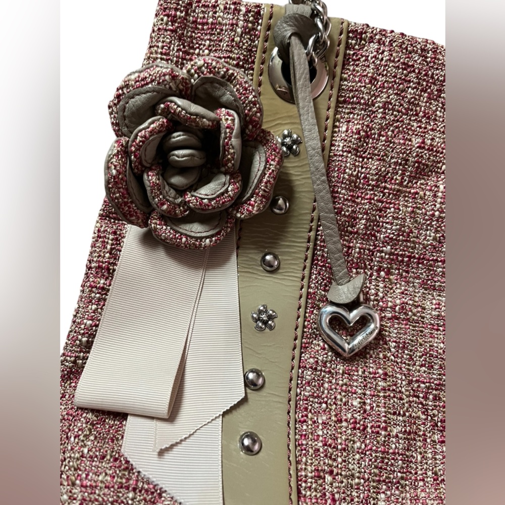 Brighton Tweed Pink and Cream Shoulder Bag with Floral Accent NWOT - Picture 2 of 7